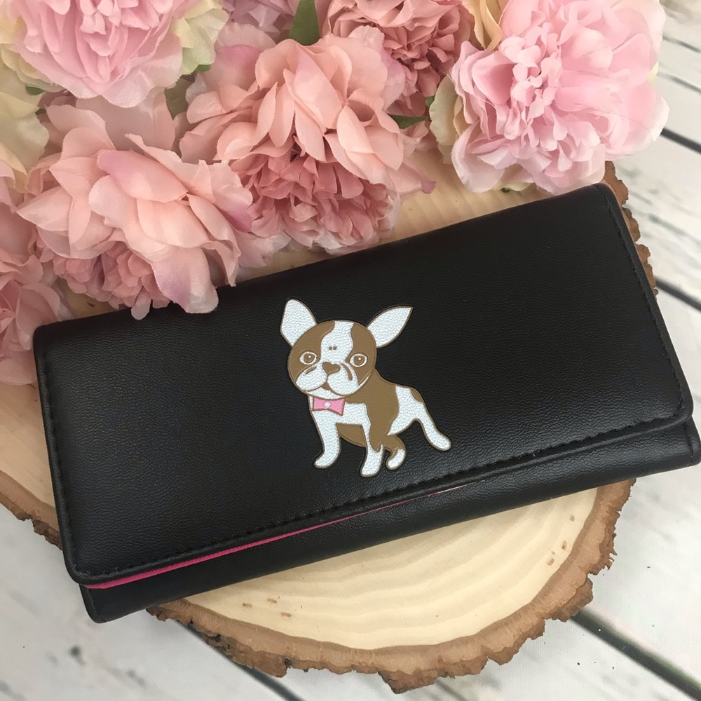 Black Vegan Leather Black & White Dog Clutch Wallet - Picture 1 of 10